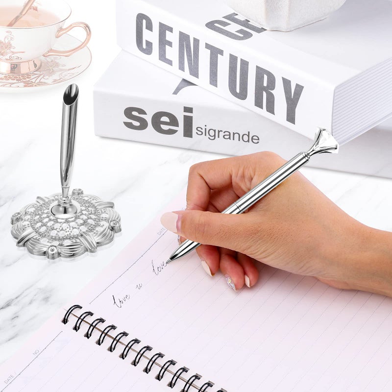 RUTICH Hollow Round Pen Holder Signing Pen Set with Big Diamond Crystal Pen for Wedding Bridal Opening Ceremony Graduation Office, Silver(Black Ink) - Image 4